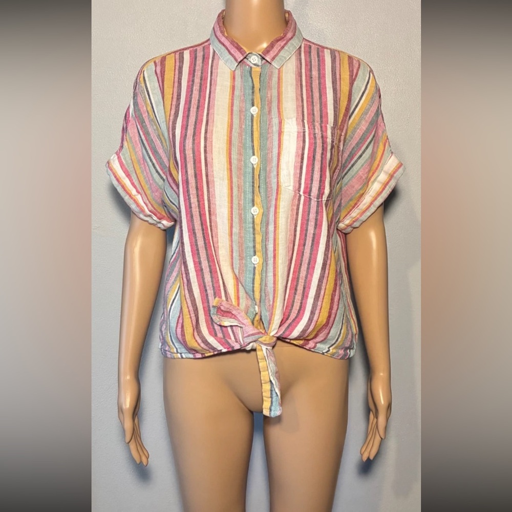 Beach Lunch Lounge Women's Shirt Size S/P Striped Linen Cotton Blend Button Down